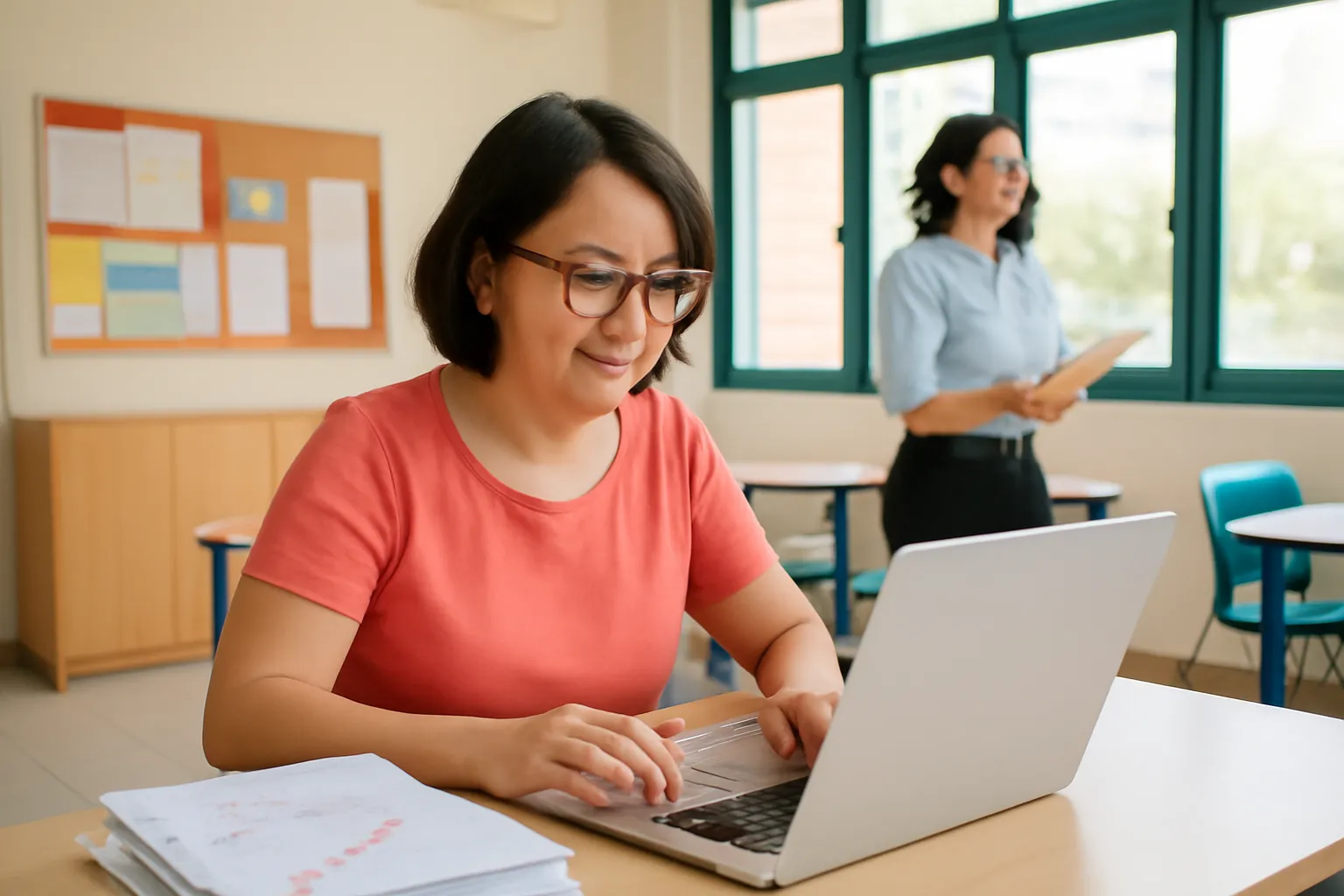 Cô giáo trong phòng giáo viên với laptop và chồng bài kiểm tra trên bàn
