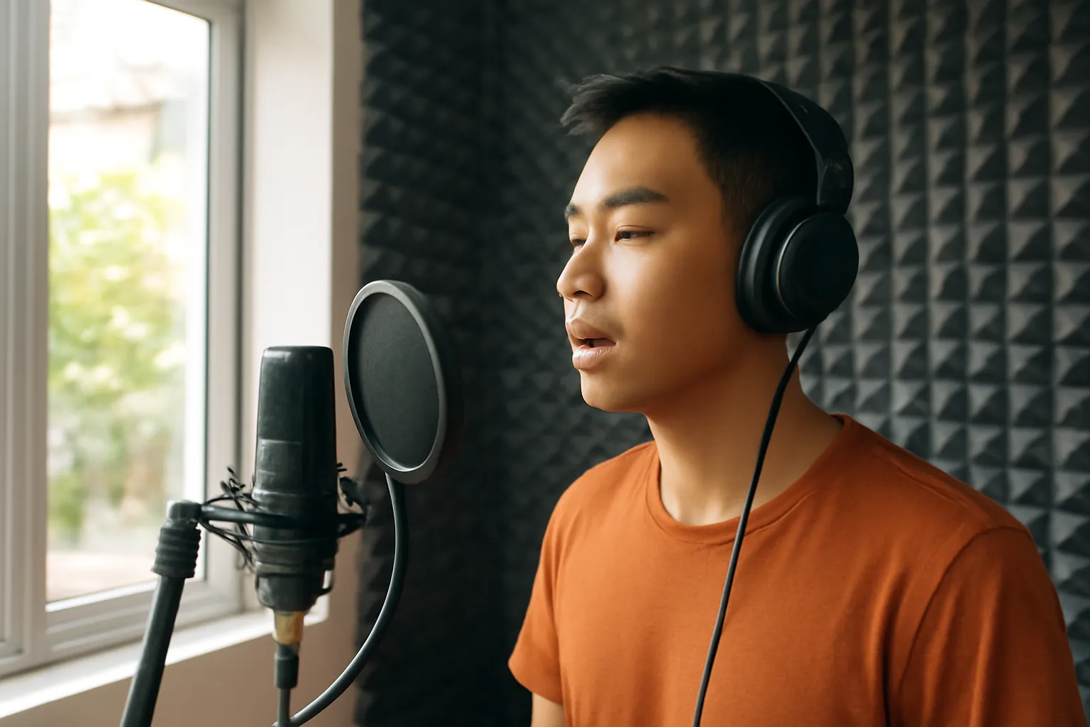 Thanh niên đeo tai nghe thu âm trước micro trong phòng nhỏ dán mút tiêu âm