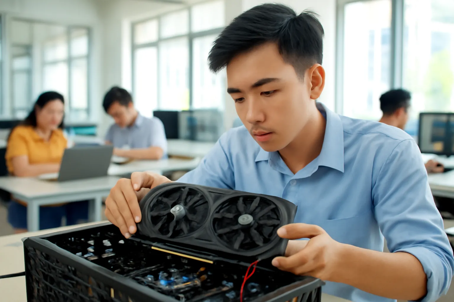 Kỹ sư trẻ lắp card đồ hoạ vào máy tính để bàn trong phòng thí nghiệm