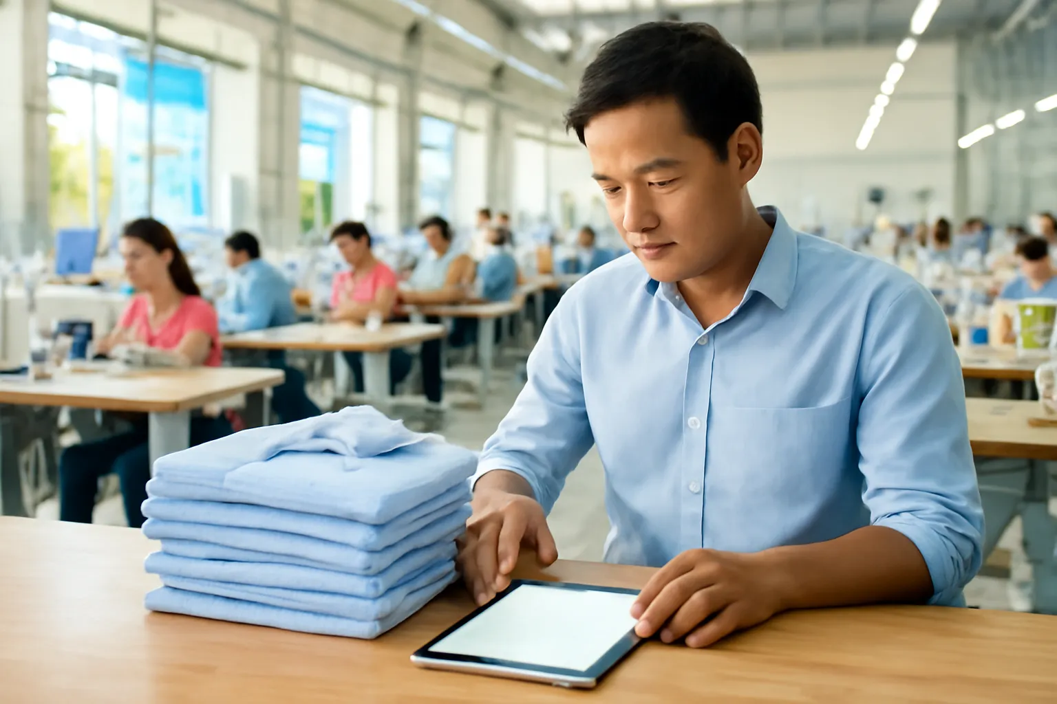 Chủ xưởng may đứng soi lô áo mẫu bên cạnh máy tính bảng