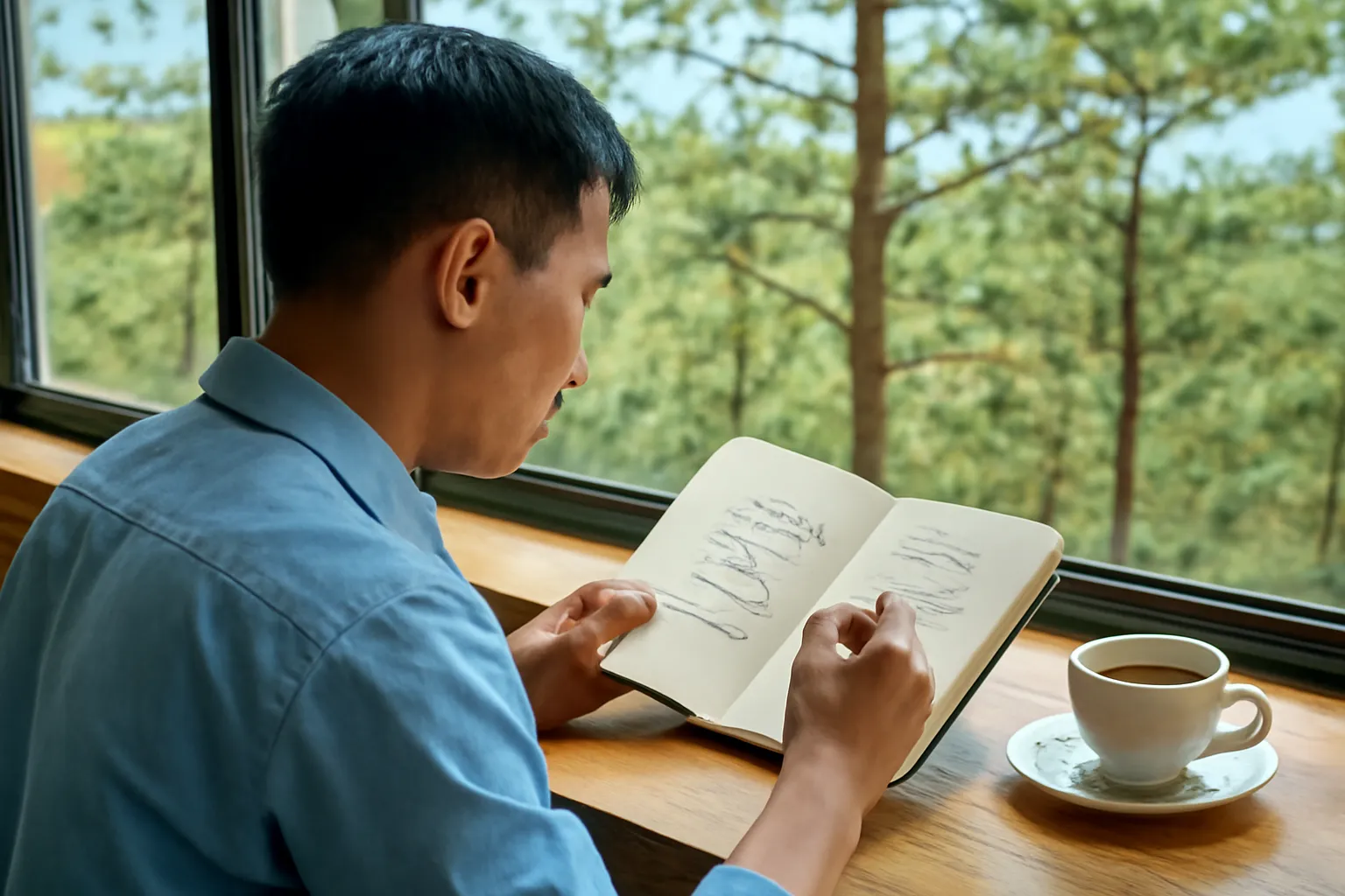 Kỹ sư trẻ ngồi quán cà phê Đà Lạt vẽ sơ đồ các lớp trên sổ tay