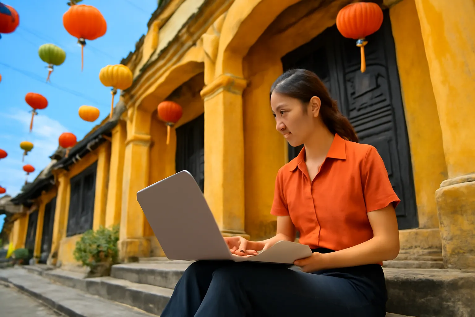 Nhà báo trẻ ngồi bậc thềm phố cổ Hội An làm việc với laptop