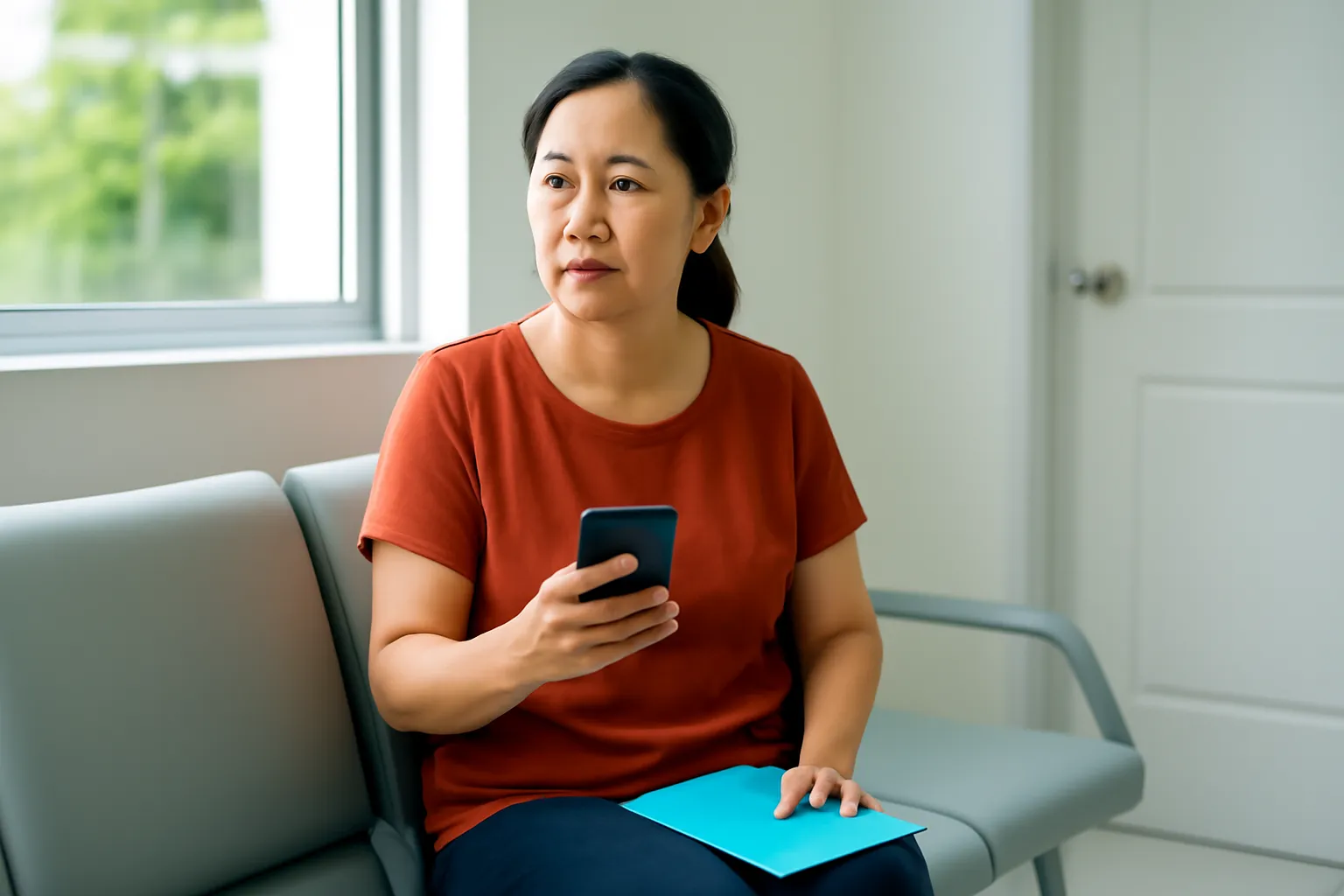 Người phụ nữ trung niên ngồi chờ khám, cầm điện thoại và sổ khám bệnh