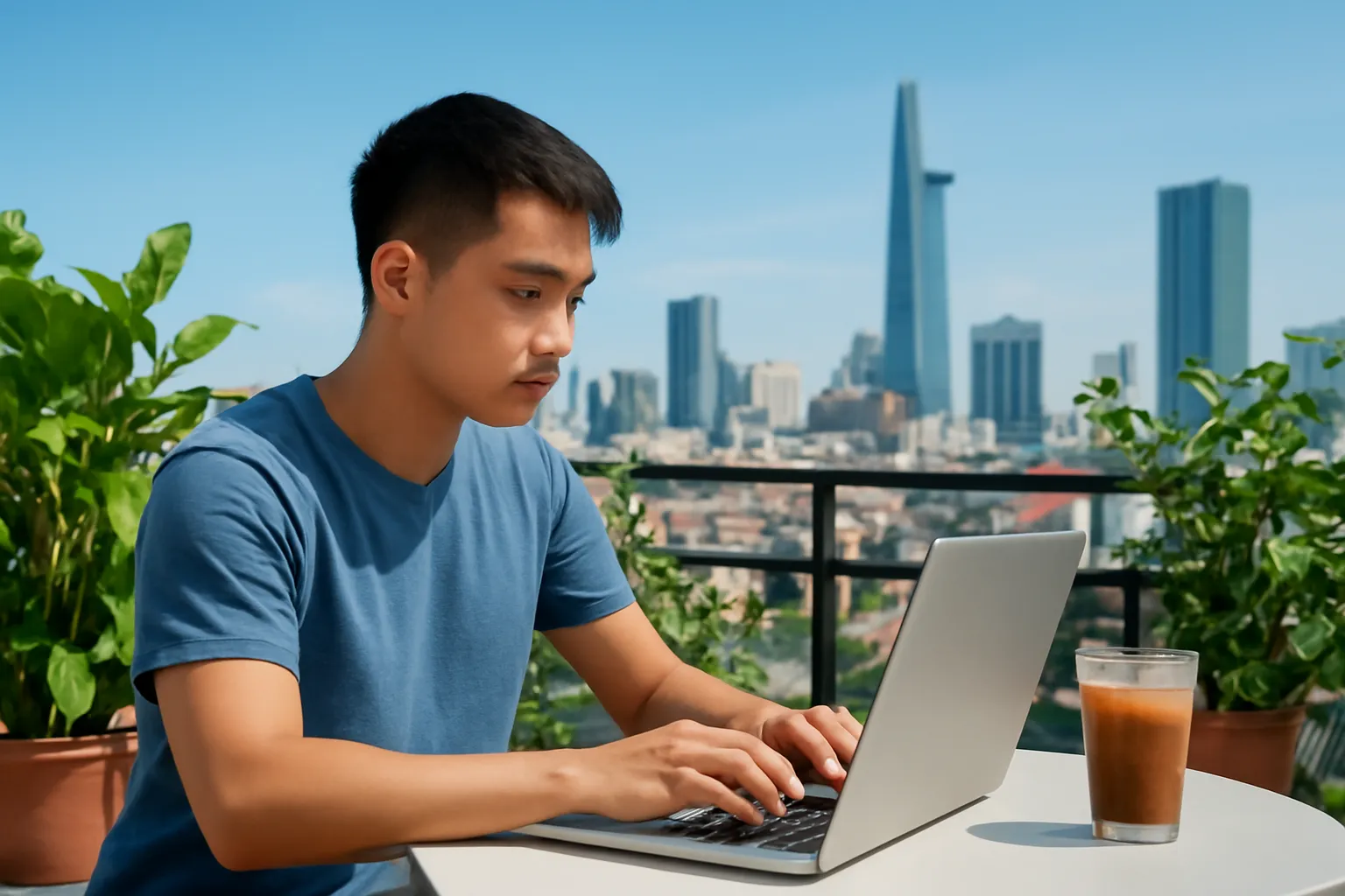 Lập trình viên làm việc với laptop ở quán cà phê tầng thượng nhiều cây xanh