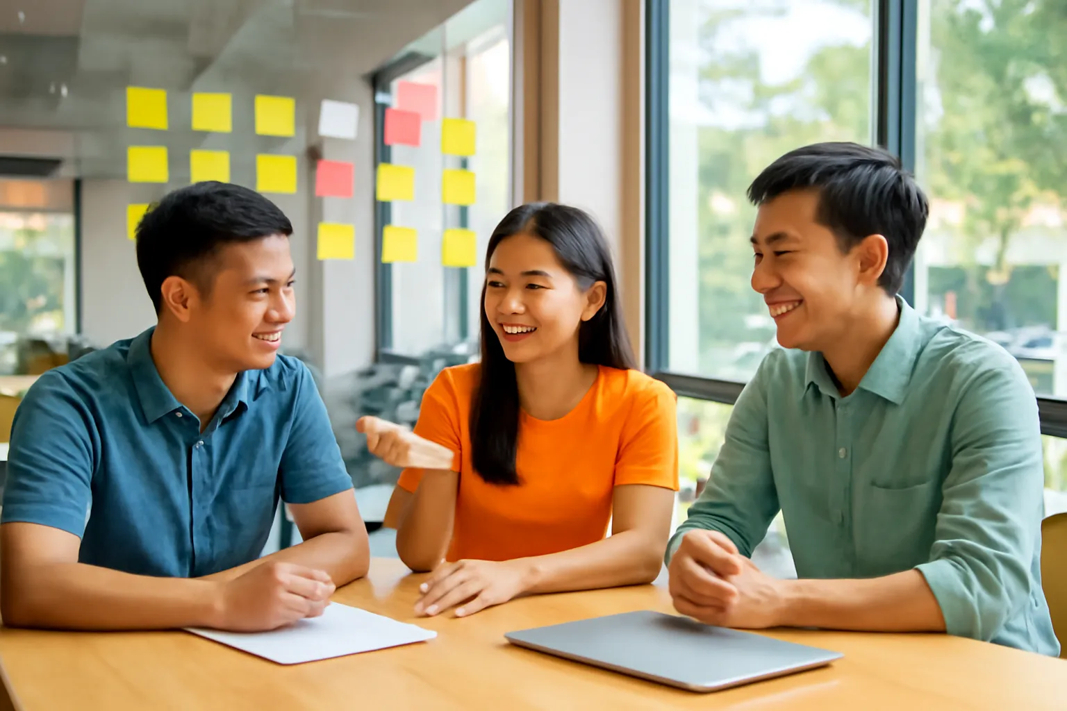 Ba bạn trẻ khởi nghiệp bàn ý tưởng bên bàn gỗ ở không gian làm việc chung