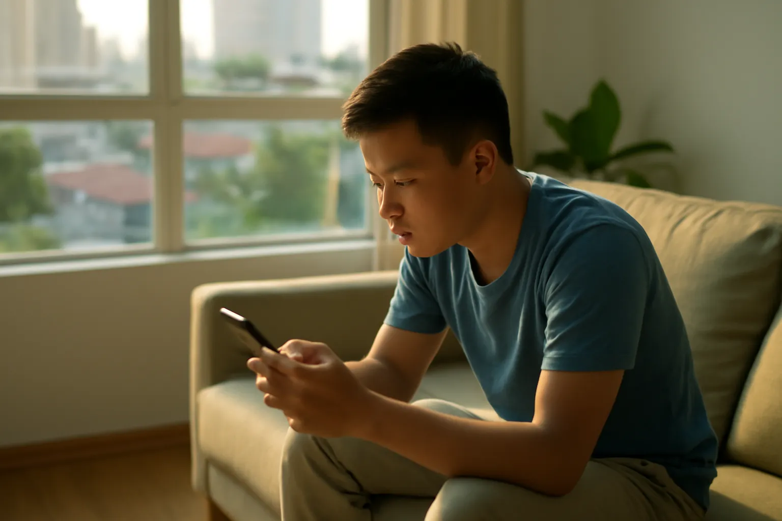 Chàng trai ngồi sofa phòng khách nghiêng người soi kỹ màn hình điện thoại