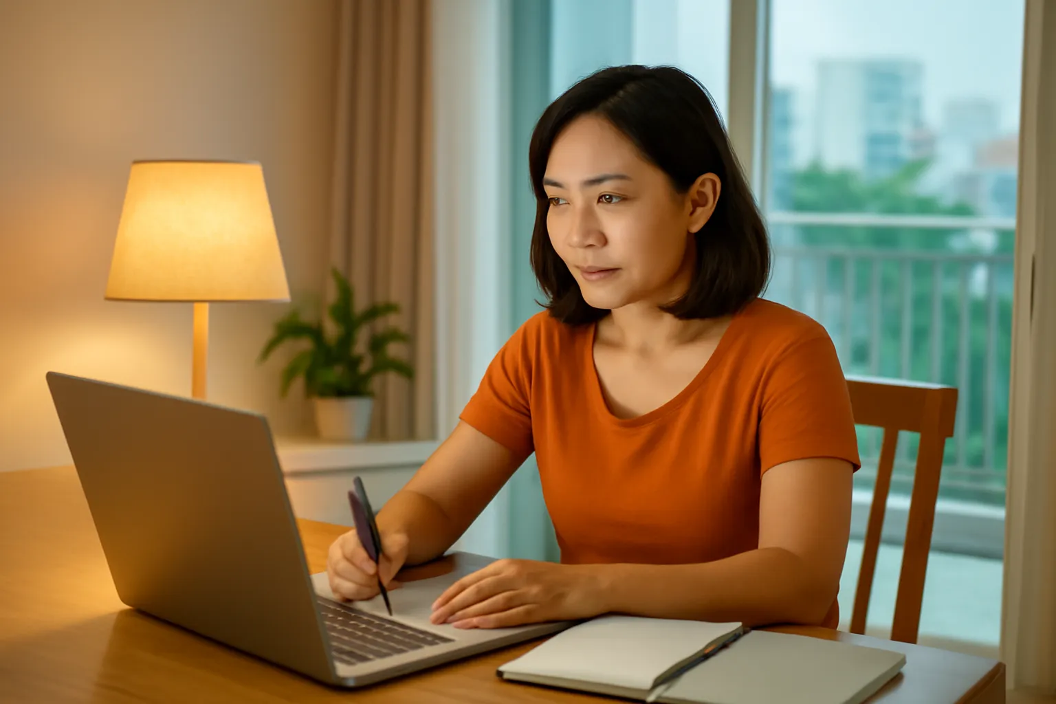 Người phụ nữ bốn mươi tuổi học buổi tối trên laptop tại bàn ăn