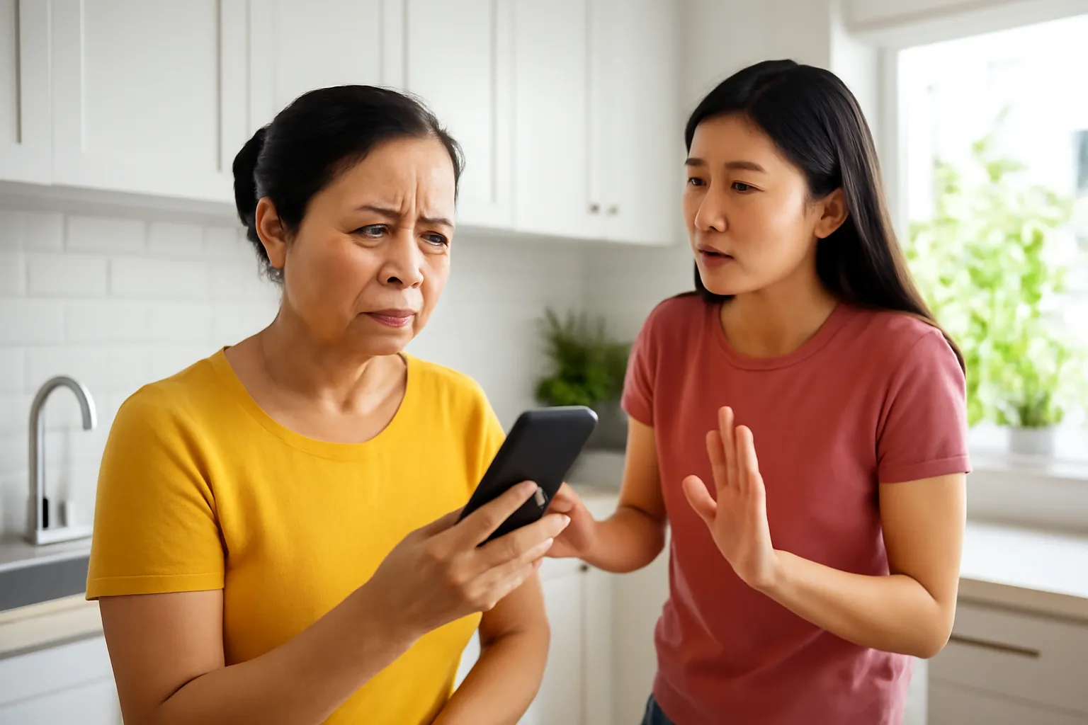 Người mẹ trung niên cầm điện thoại xa tai, con gái ngồi cạnh nhắc gọi lại kiểm tra