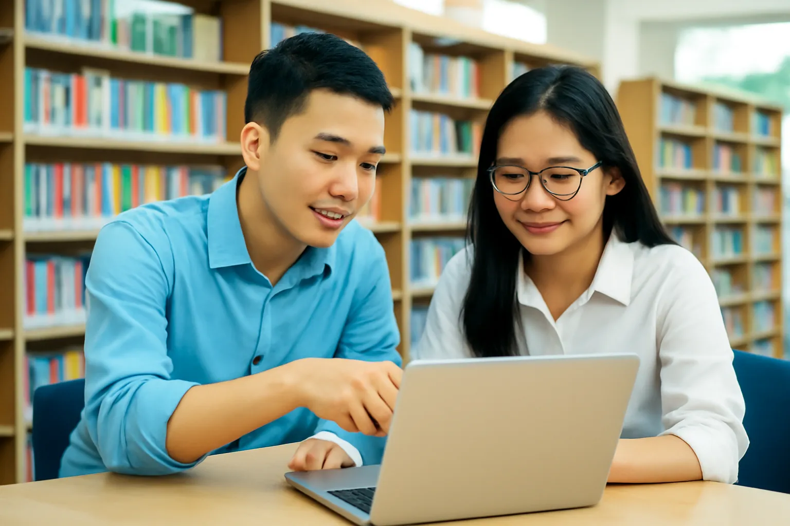 Hai sinh viên ở thư viện cùng nhìn laptop và trao đổi