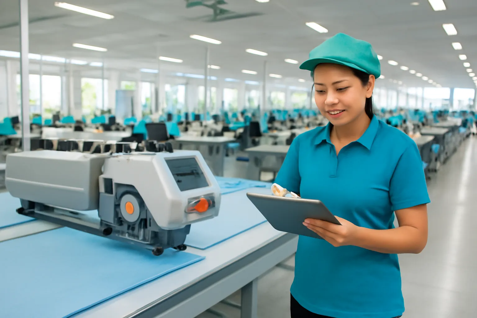 Công nhân xưởng may đứng ghi chép cạnh máy cắt vải tự động