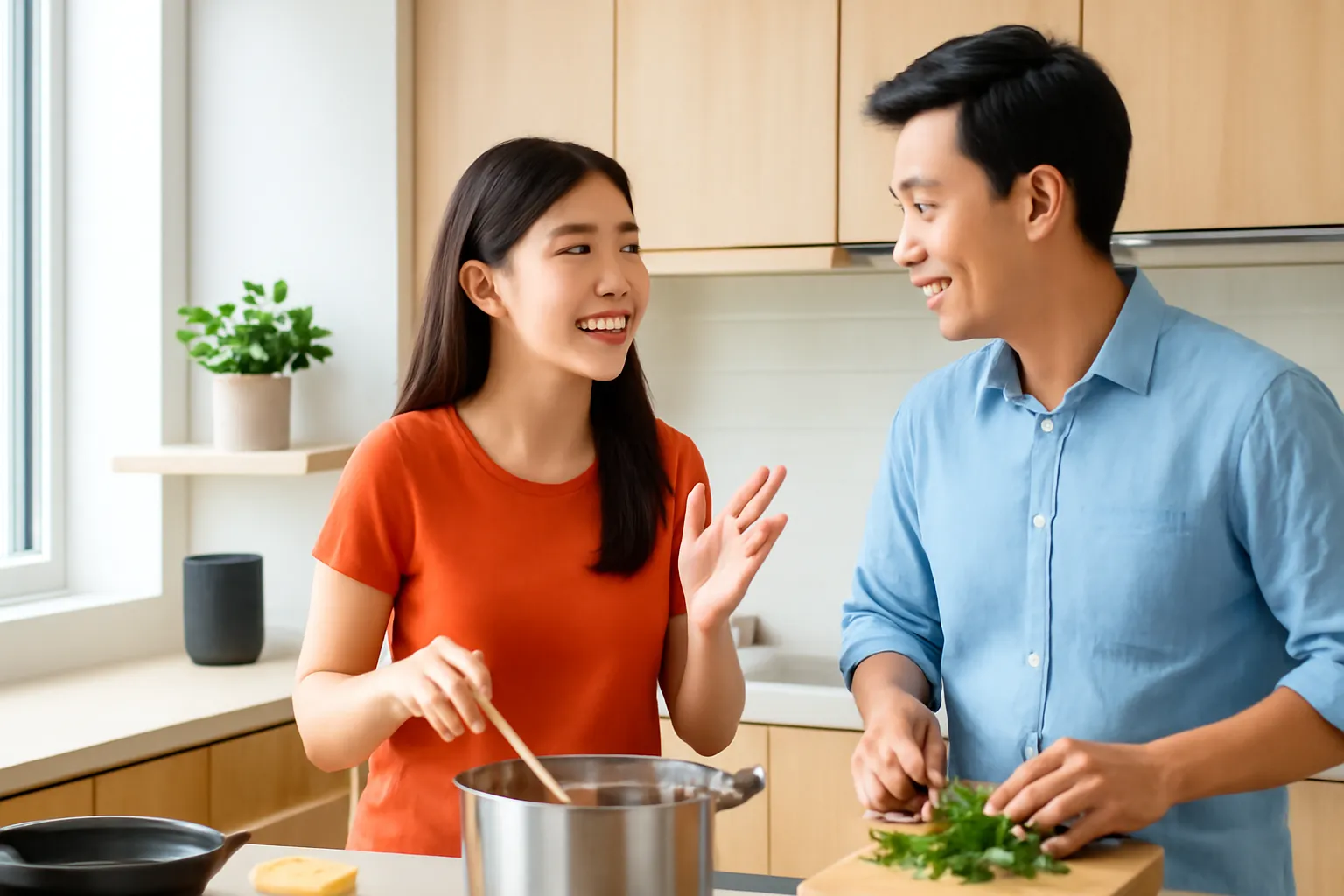 Cặp vợ chồng trẻ nấu ăn trong bếp căn hộ, loa thông minh nhỏ trên kệ