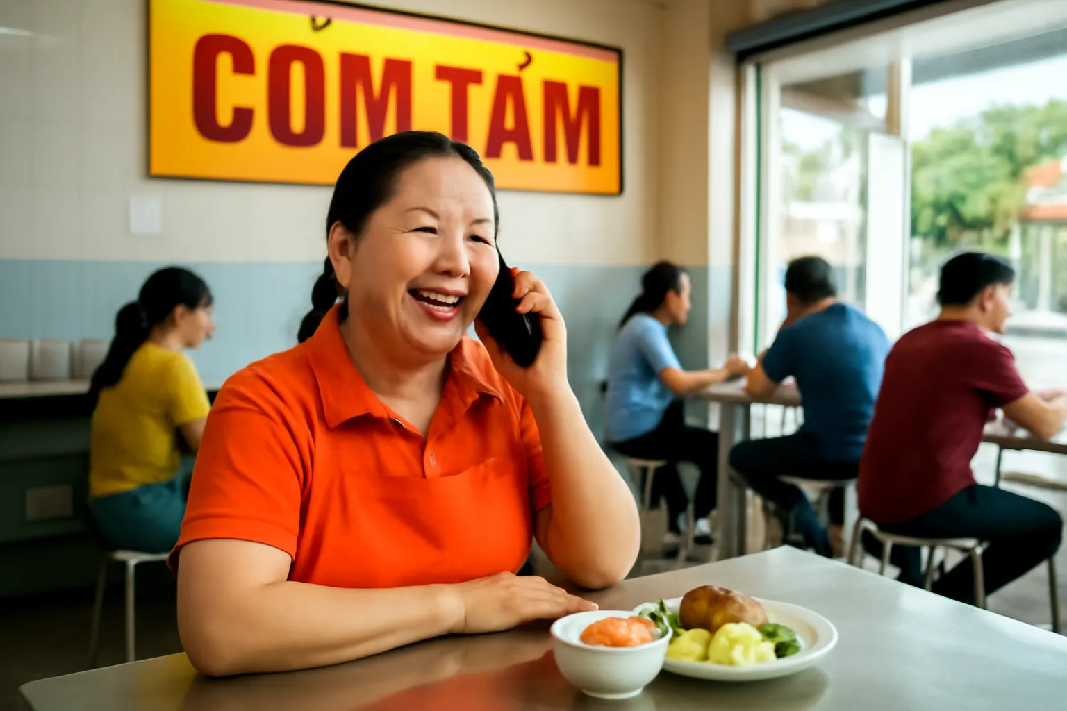 Chủ quán cơm tấm nói vào điện thoại ở quầy, khách ngồi ăn phía sau