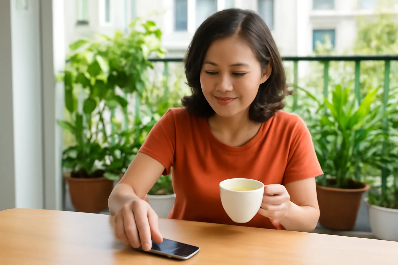 Người phụ nữ trong căn hộ úp điện thoại xuống bàn, tay cầm tách trà