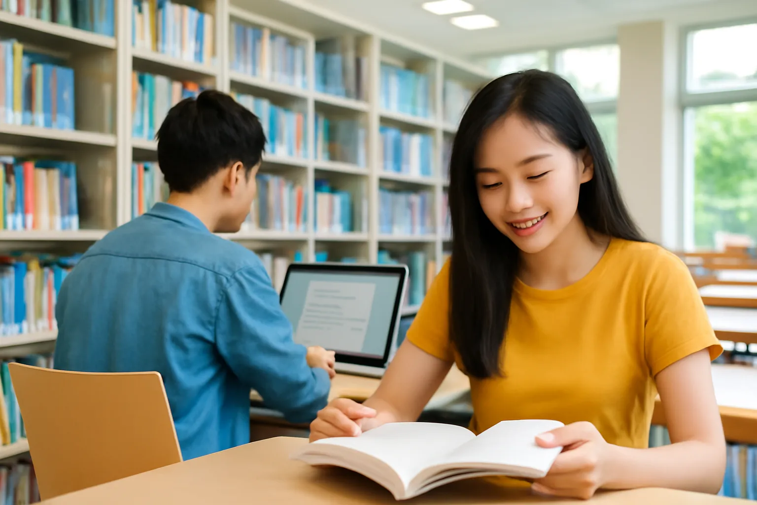 Hai sinh viên trong thư viện đại học, một người đọc sách, một người dùng laptop