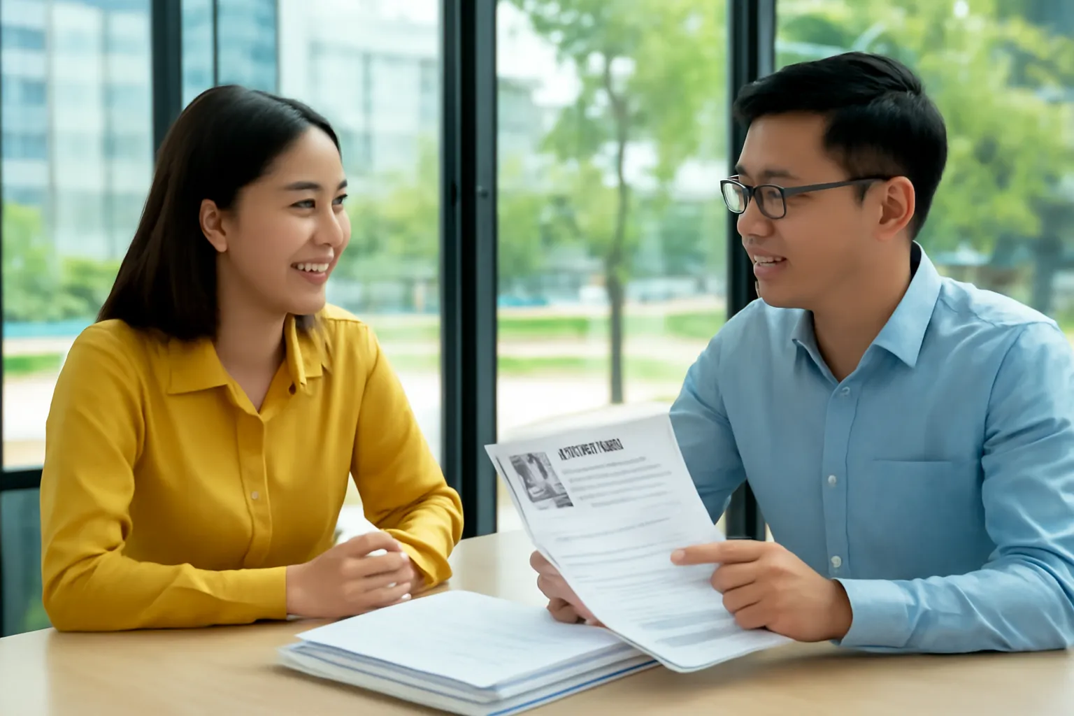 Hai người tuyển dụng trong phòng họp kính bàn bạc bên chồng hồ sơ