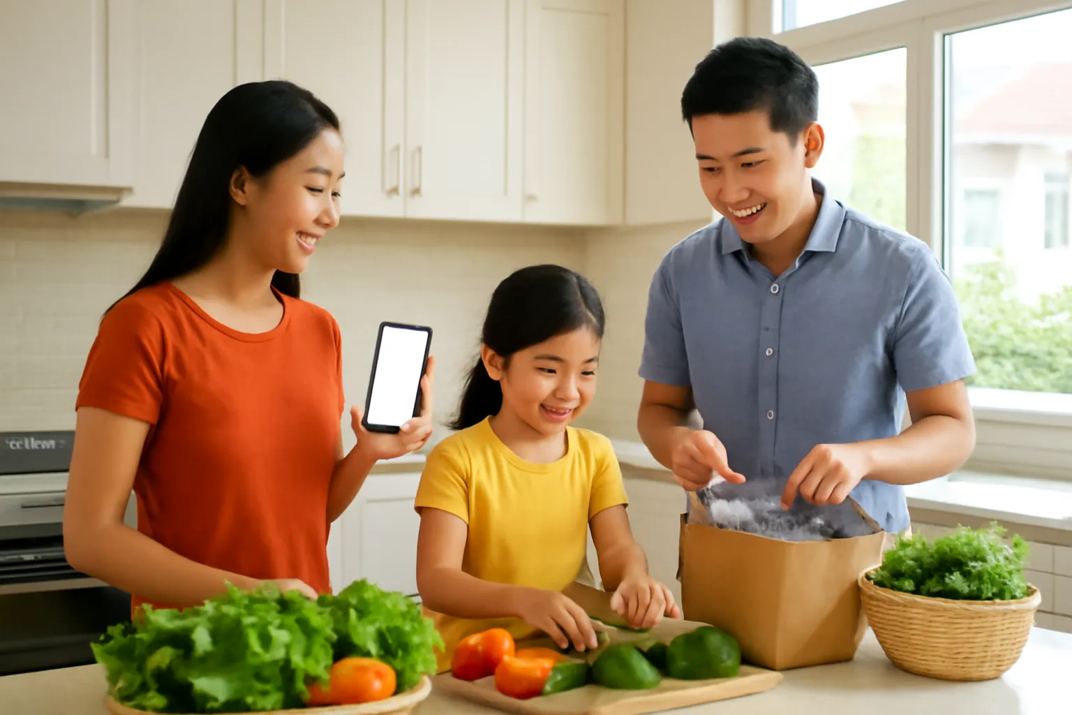 Gia đình trong bếp sau khi đi chợ, mẹ cầm điện thoại, con xếp rau