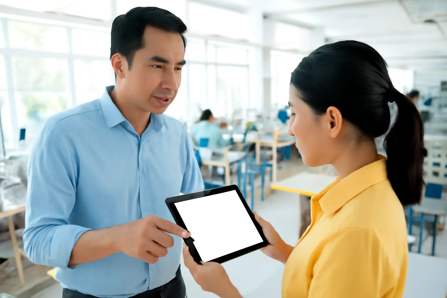 Trưởng nhóm hướng dẫn nhân viên mới bên máy tính bảng trong văn phòng xưởng may