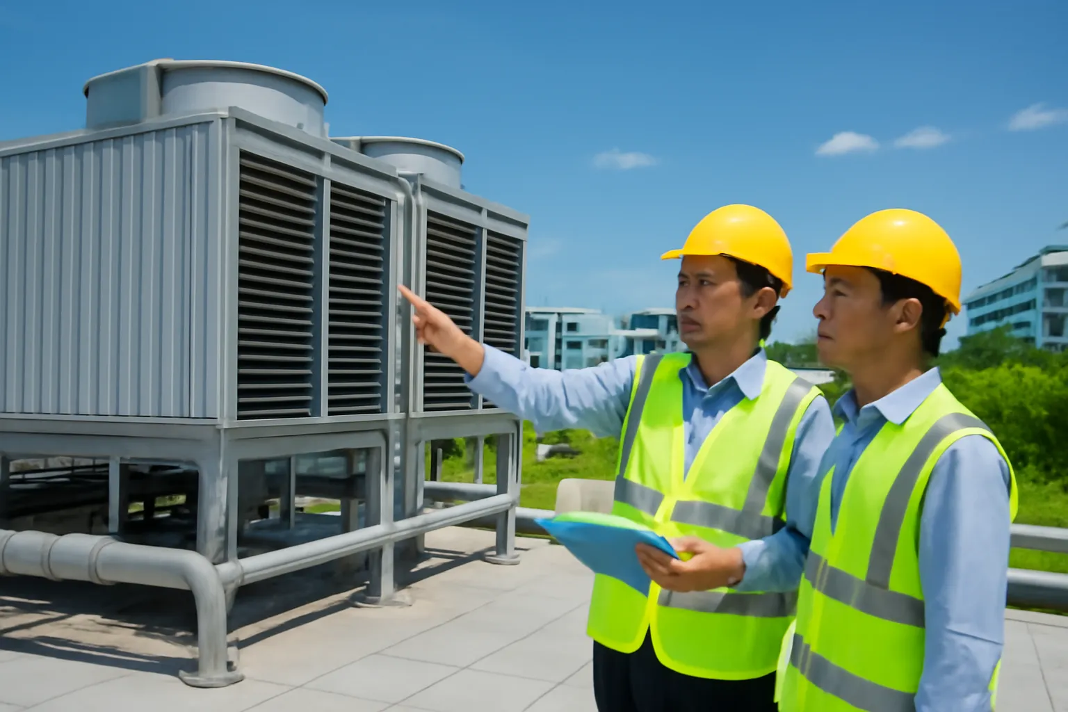 Hai kỹ thuật viên kiểm tra tháp giải nhiệt trên mái toà nhà công nghệ