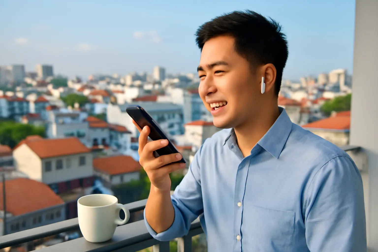 Nhân viên văn phòng trẻ đeo tai nghe luyện nói tiếng Anh trên ban công