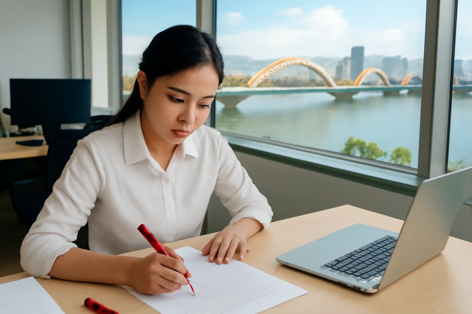 Biên tập viên dùng bút đỏ sửa bản in trong toà soạn nhìn ra sông Hàn