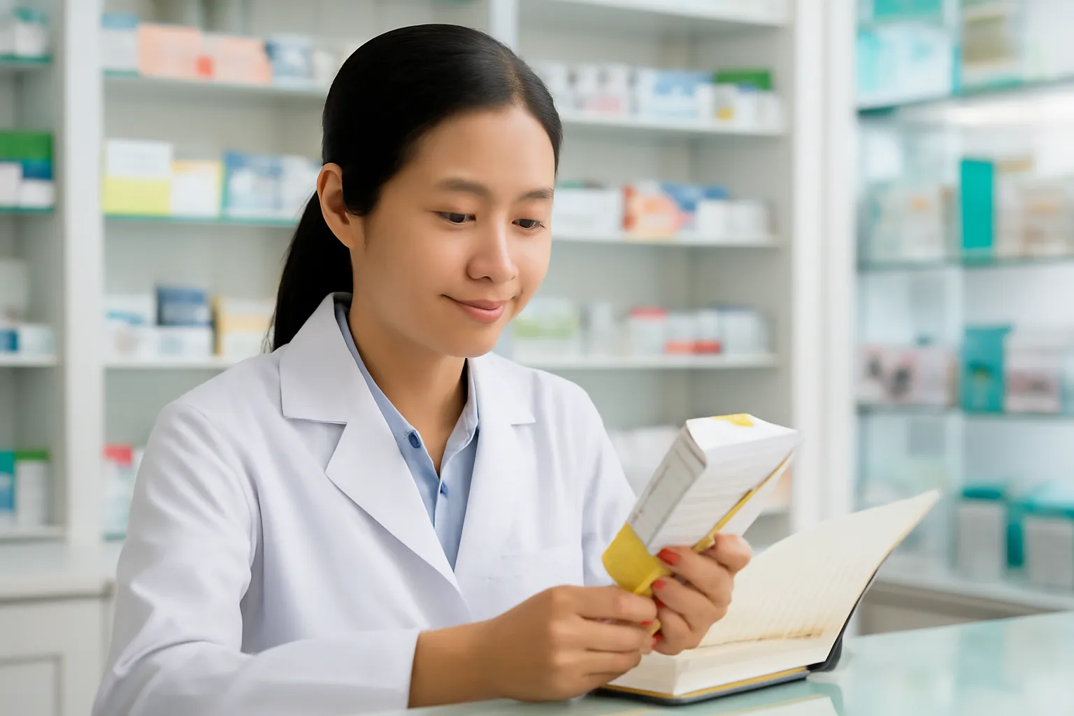 Dược sĩ ở hiệu thuốc đối chiếu hộp thuốc với sổ ghi chép