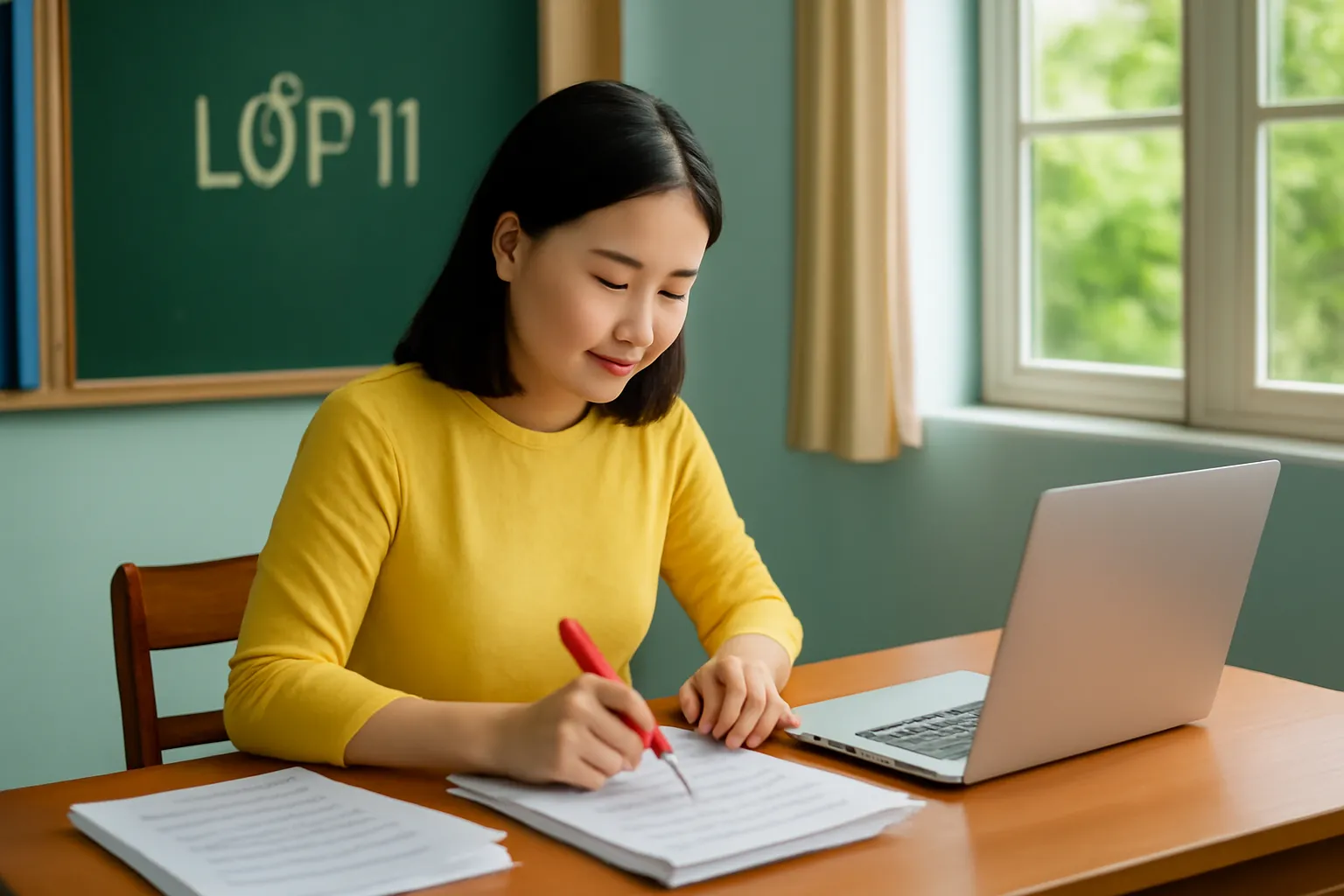 Cô giáo ngữ văn chấm bài trong phòng giáo viên, laptop mở bên cạnh